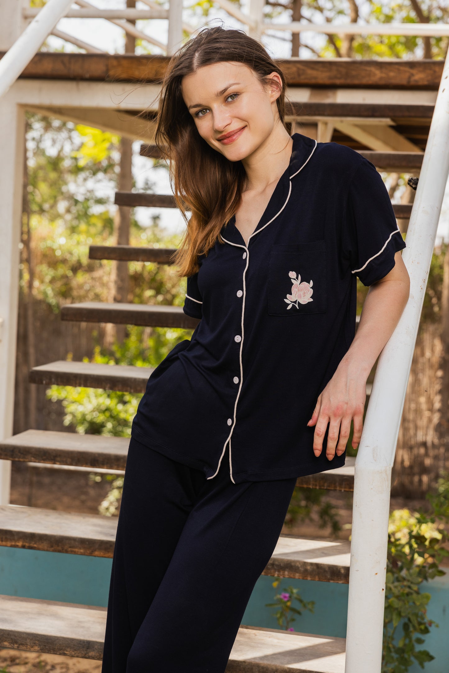 Classic pajamas with pockets and a navy blue print, Pièce Simone