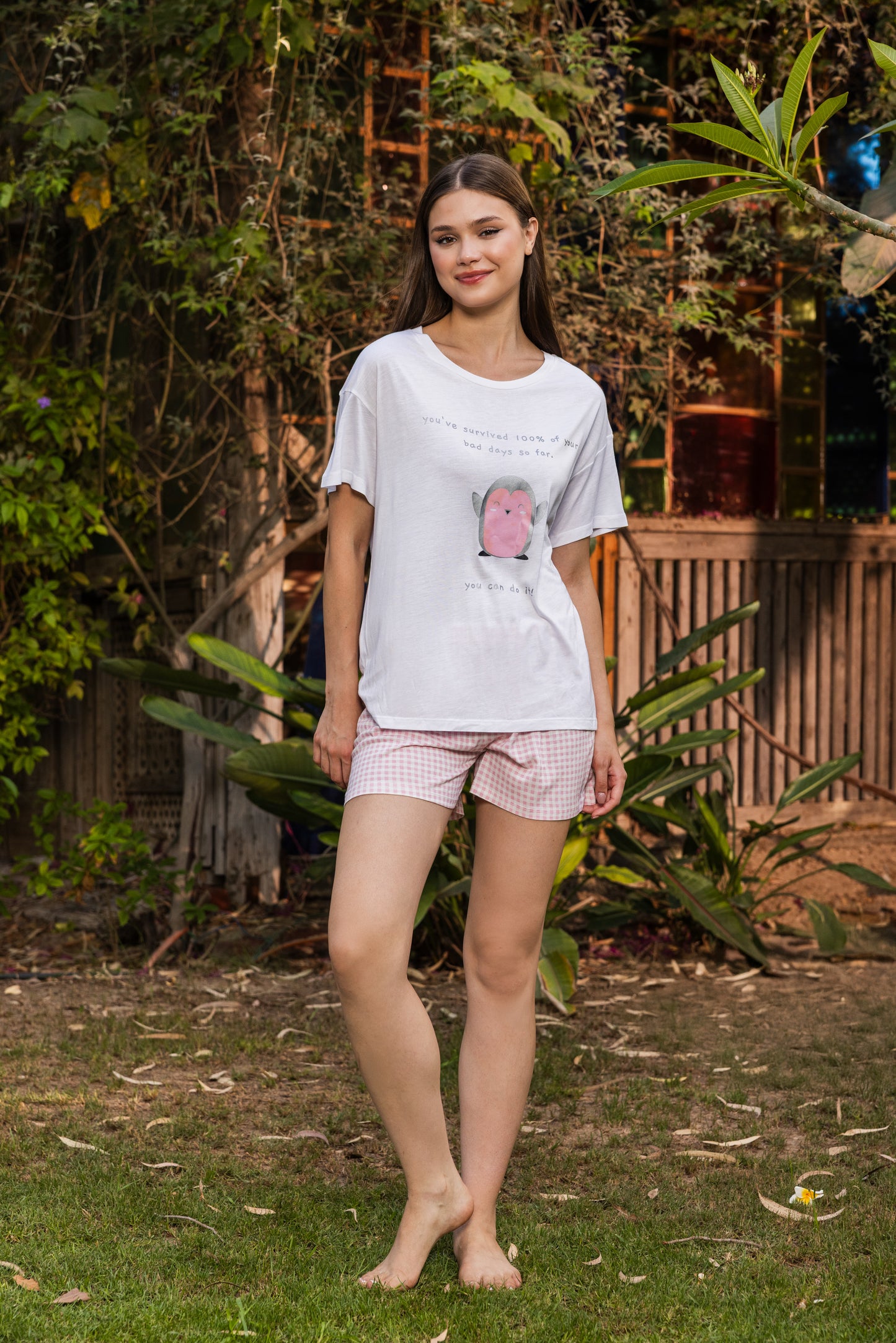 Beige print top with Simon rose pants