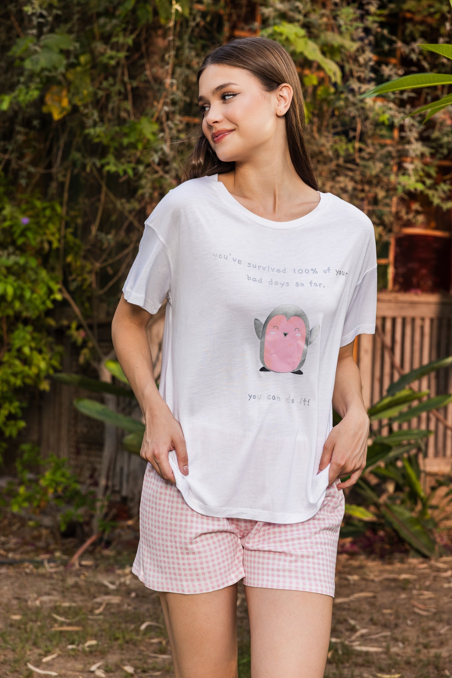 Beige print top with Simon rose pants