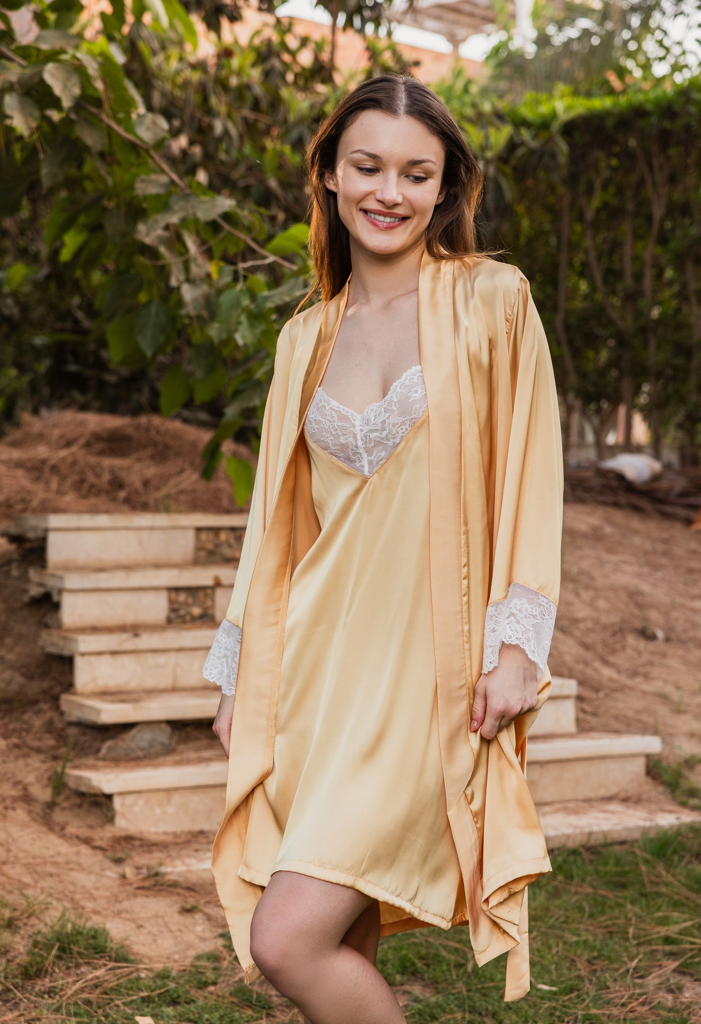 Yellow satin short shirt robe