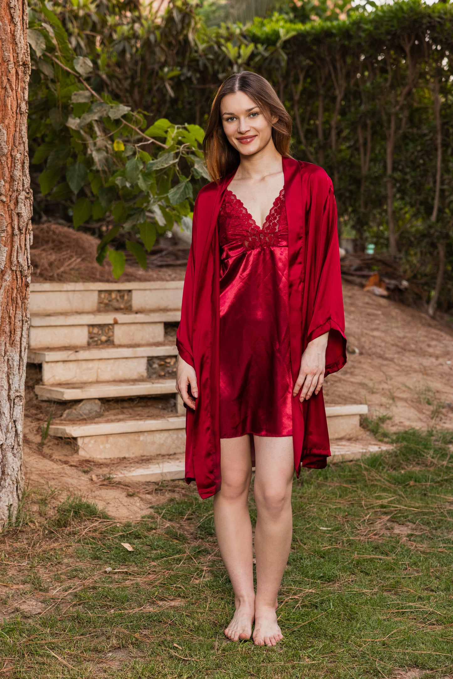 Plain short burgundy satin robe