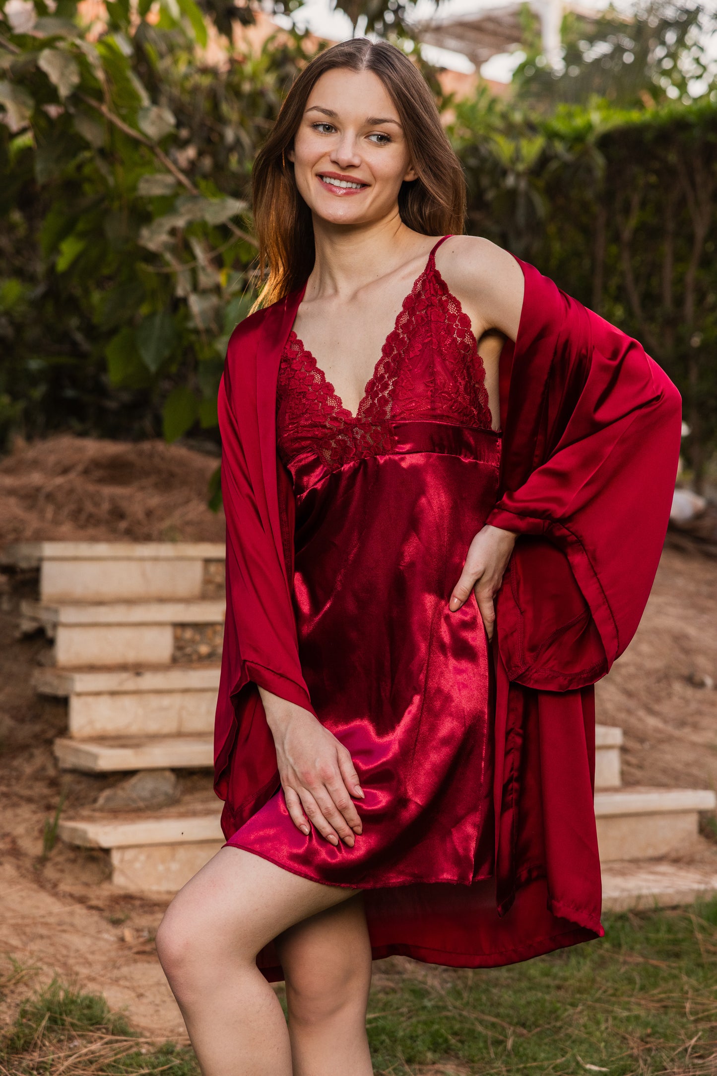 Plain short burgundy satin robe