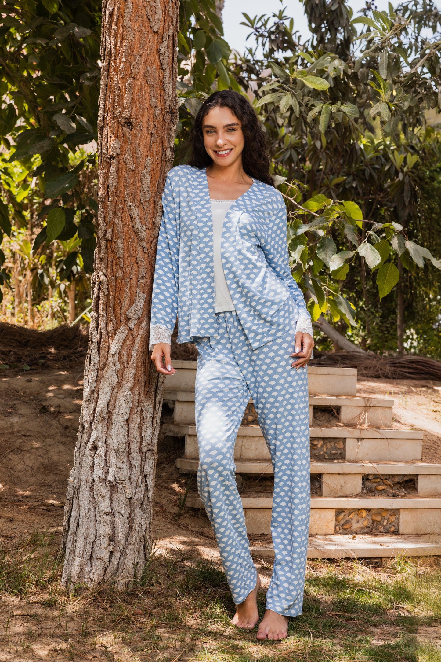 3-piece pajama set, jacket, printed pants, and plain off-white top