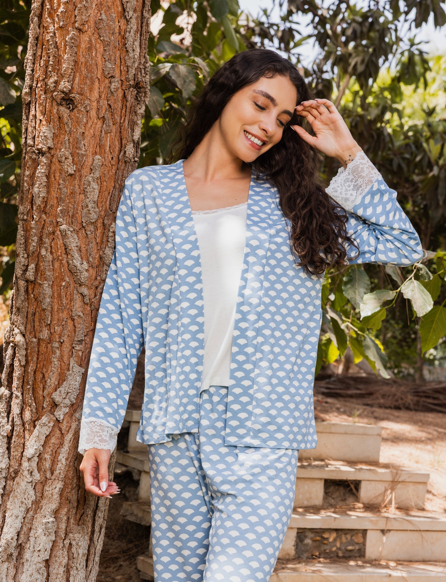 3-piece pajama set, jacket, printed pants, and plain off-white top