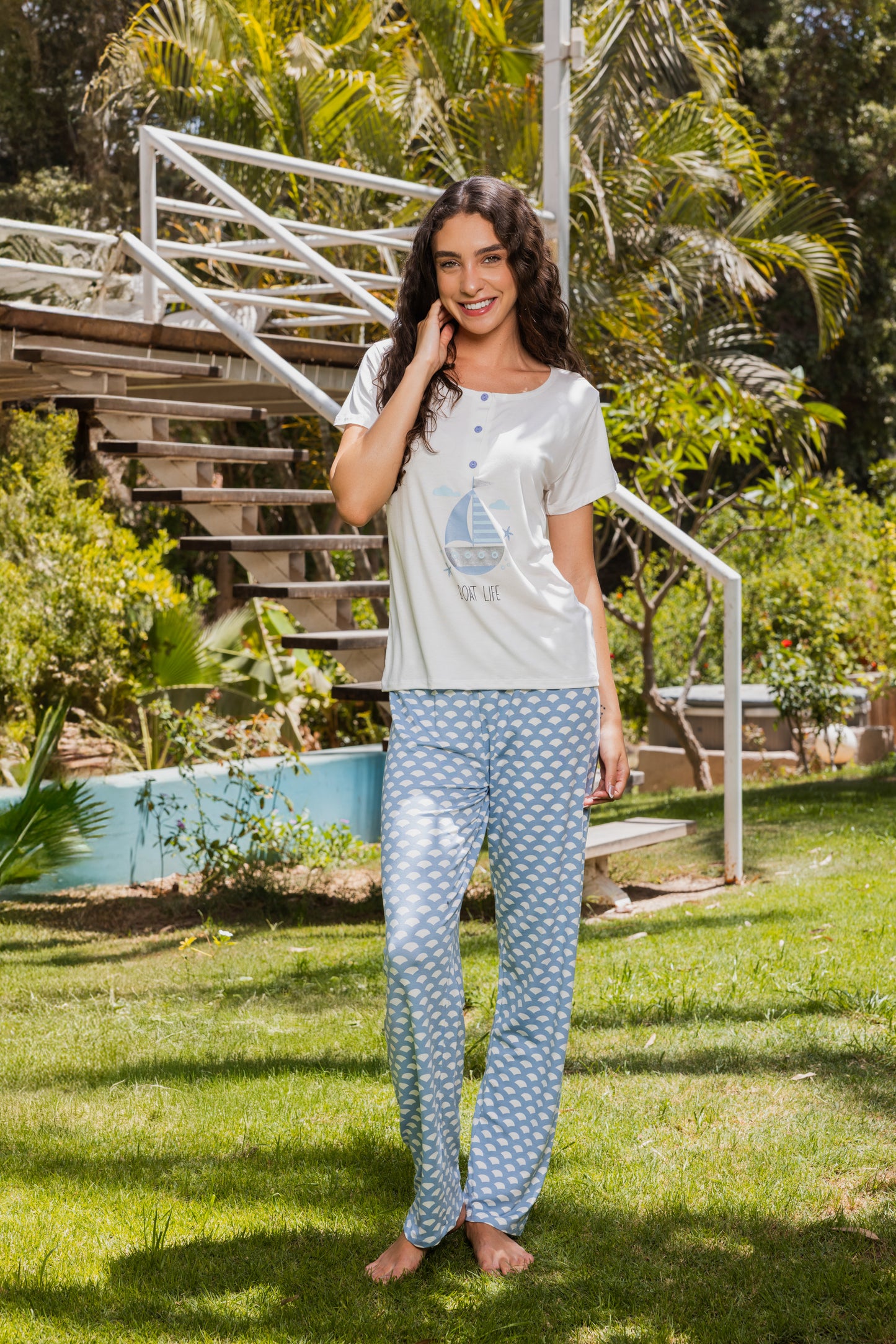 Printed top with plain pants