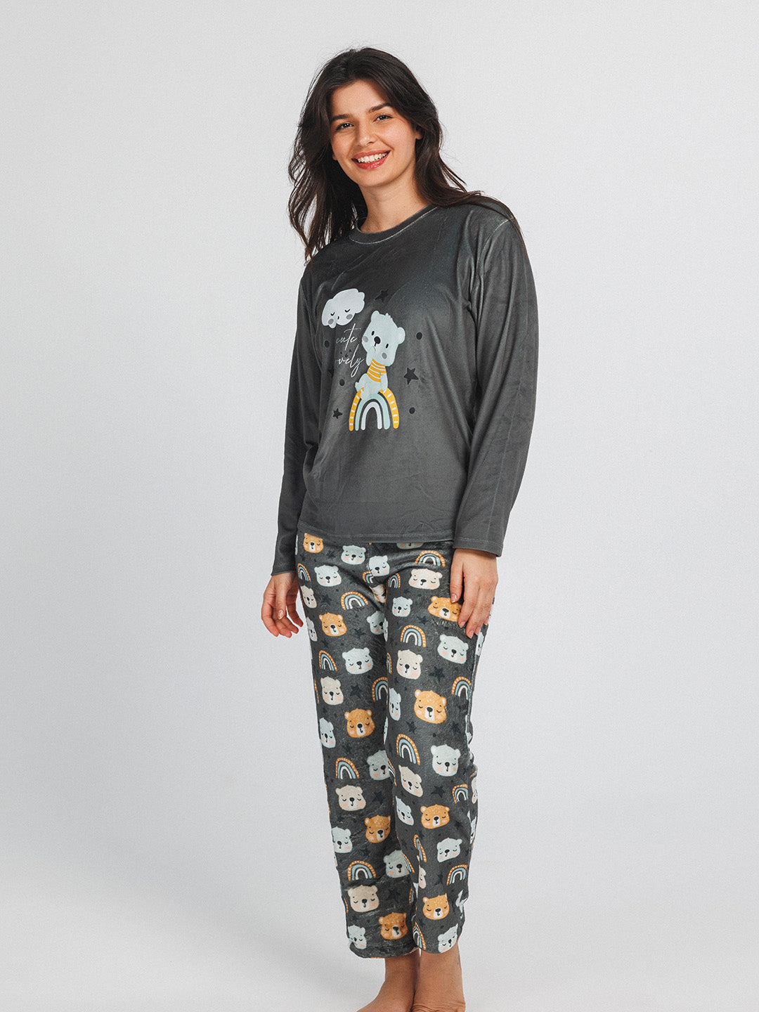 قميص سادة مع طباعة وبنطلون دب رمادي غامق