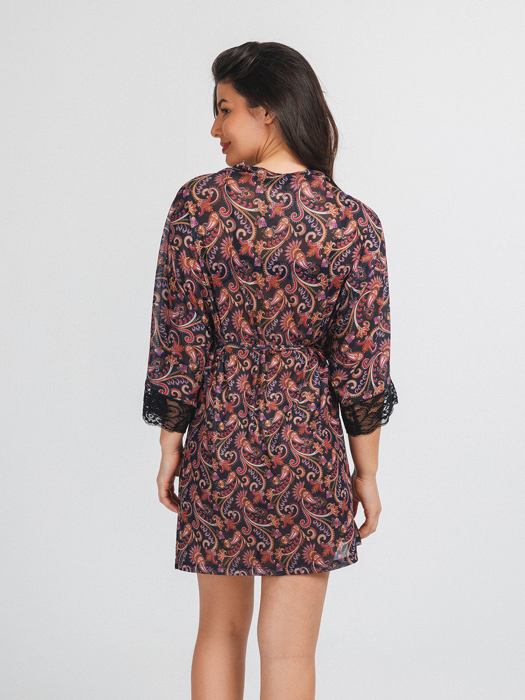 Short, patterned, tulle robe with black and purple cashmere sleeves