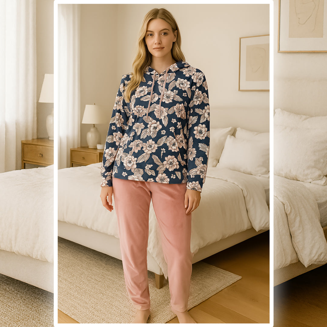 “Hooded top with rotary waistband and cuffs, paired with simon-colored leggings and gray floral details.