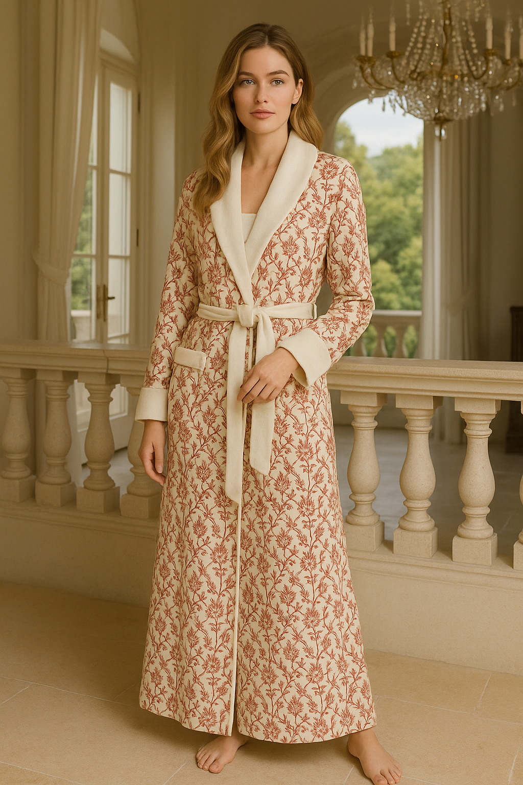 Long Shawl-Collar Robe with Solid Trim and Peach Rose Detail, a masterpiece of elegance and femininity. Crafted from luxuriously soft fabric, this robe