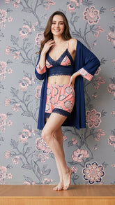 Navy robe pajama set with brochure print