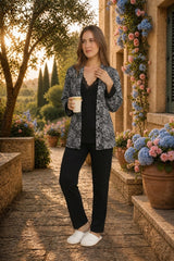 Black printed 3-piece pajama set with jacket