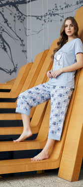 Cyan pantacour pajama with 1/4 sleeves