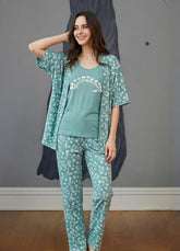 Teal 3-piece pajama set with floral details