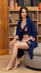 Navy robe pajama set with brochure print