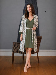 Olive short robe with chemise set