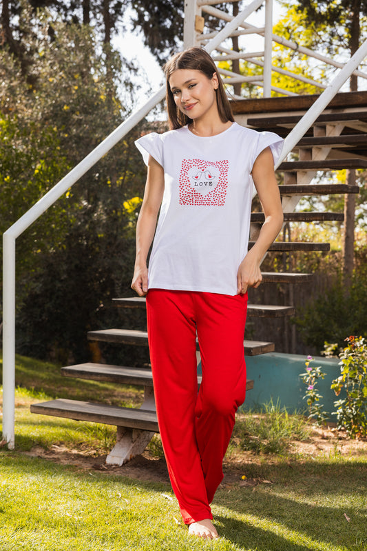 White printed top, plain red pants