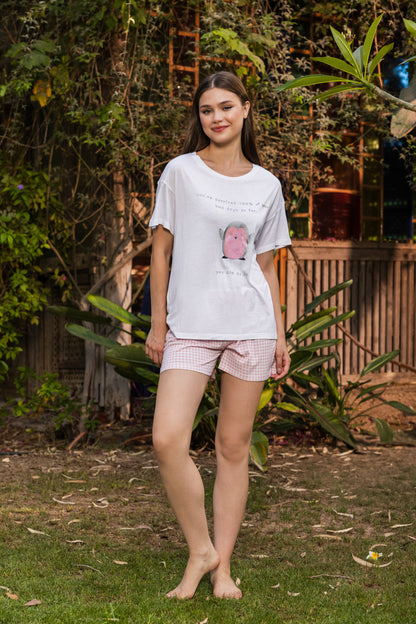 Beige print top with Simon rose pants