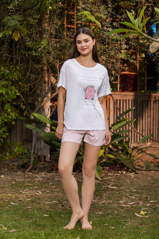 Beige print top with Simon rose pants