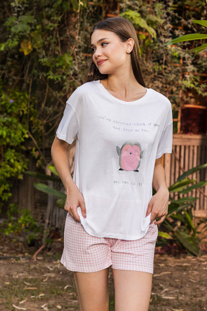 Beige print top with Simon rose pants