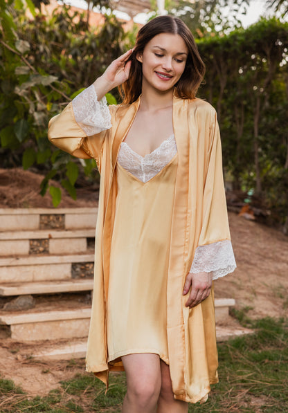 Yellow satin short shirt robe