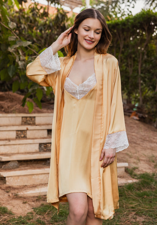 Yellow satin short shirt robe