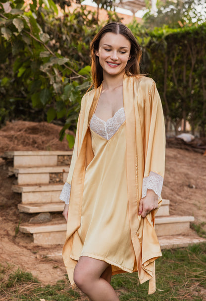 Yellow satin short shirt robe