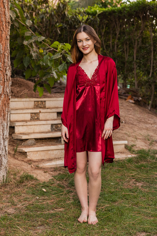 Plain short burgundy satin robe