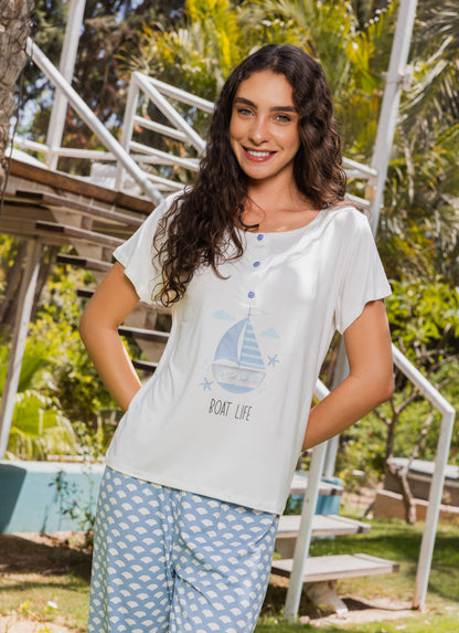 Printed top with plain pants