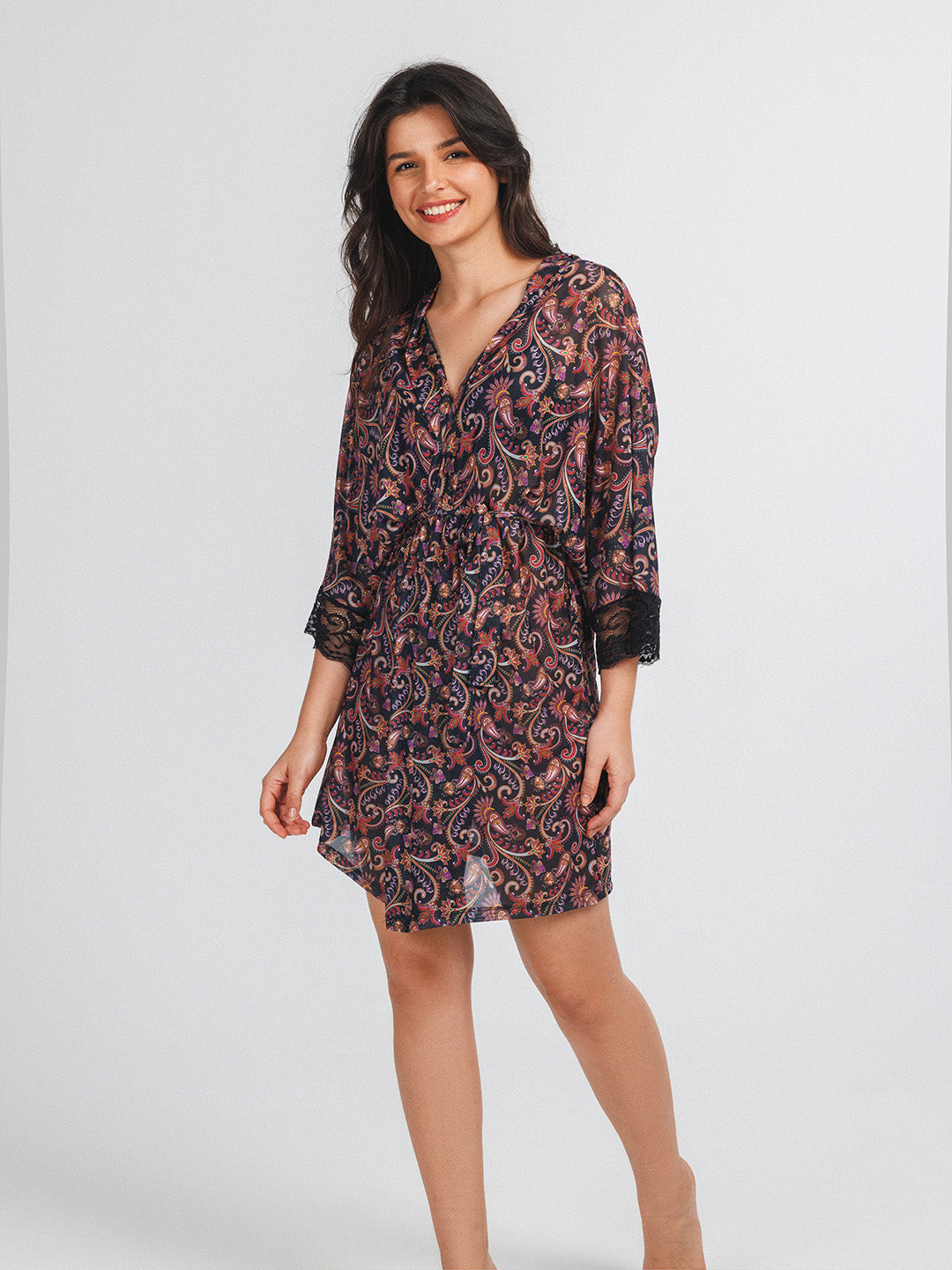 Short, patterned, tulle robe with black and purple cashmere sleeves