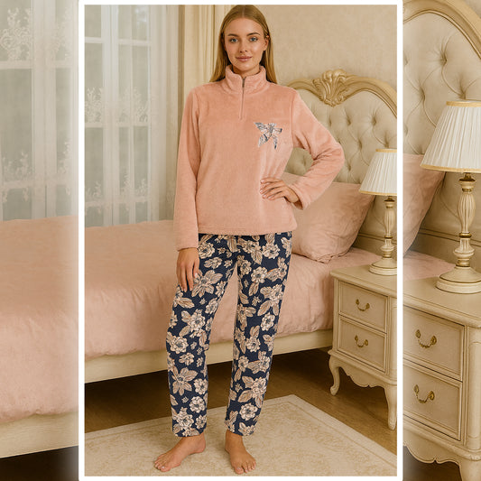 "Small-zip embroidered top with patterned simon-colored pants"