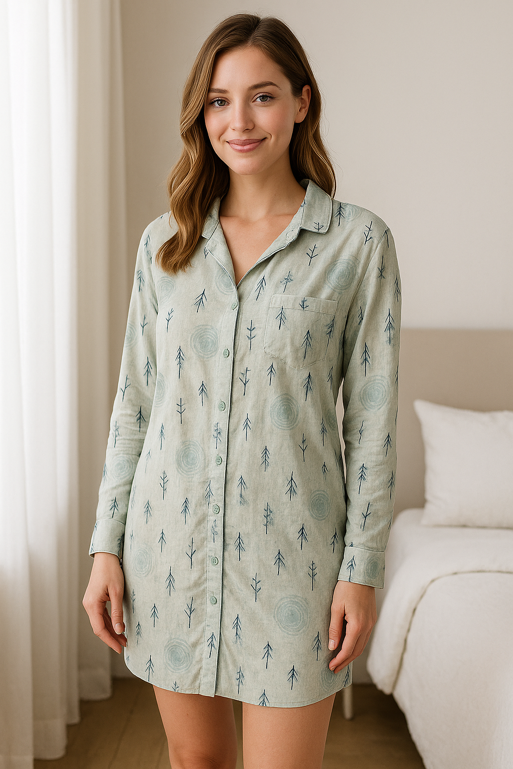 Classic Mint Branch-Embroidered Nightdress