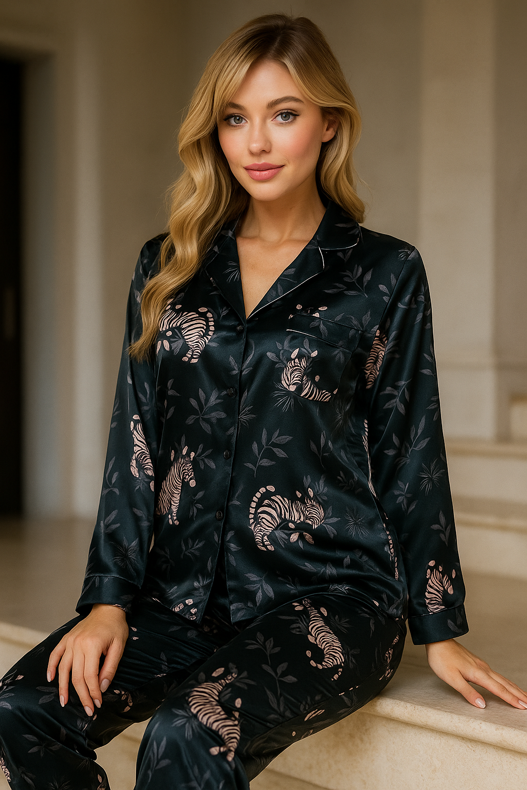 Classic Leopard-Print Pajama Set in Black,