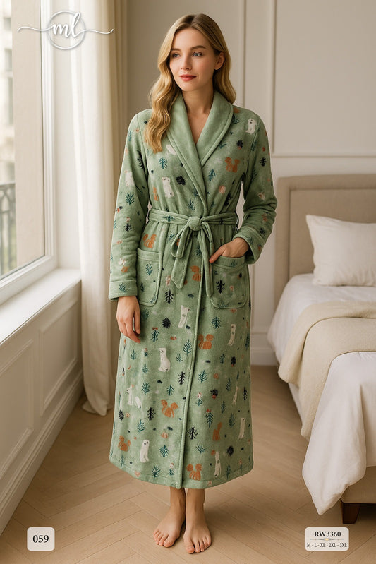 long mint robe featuring a shawl collar and plush fur texture,