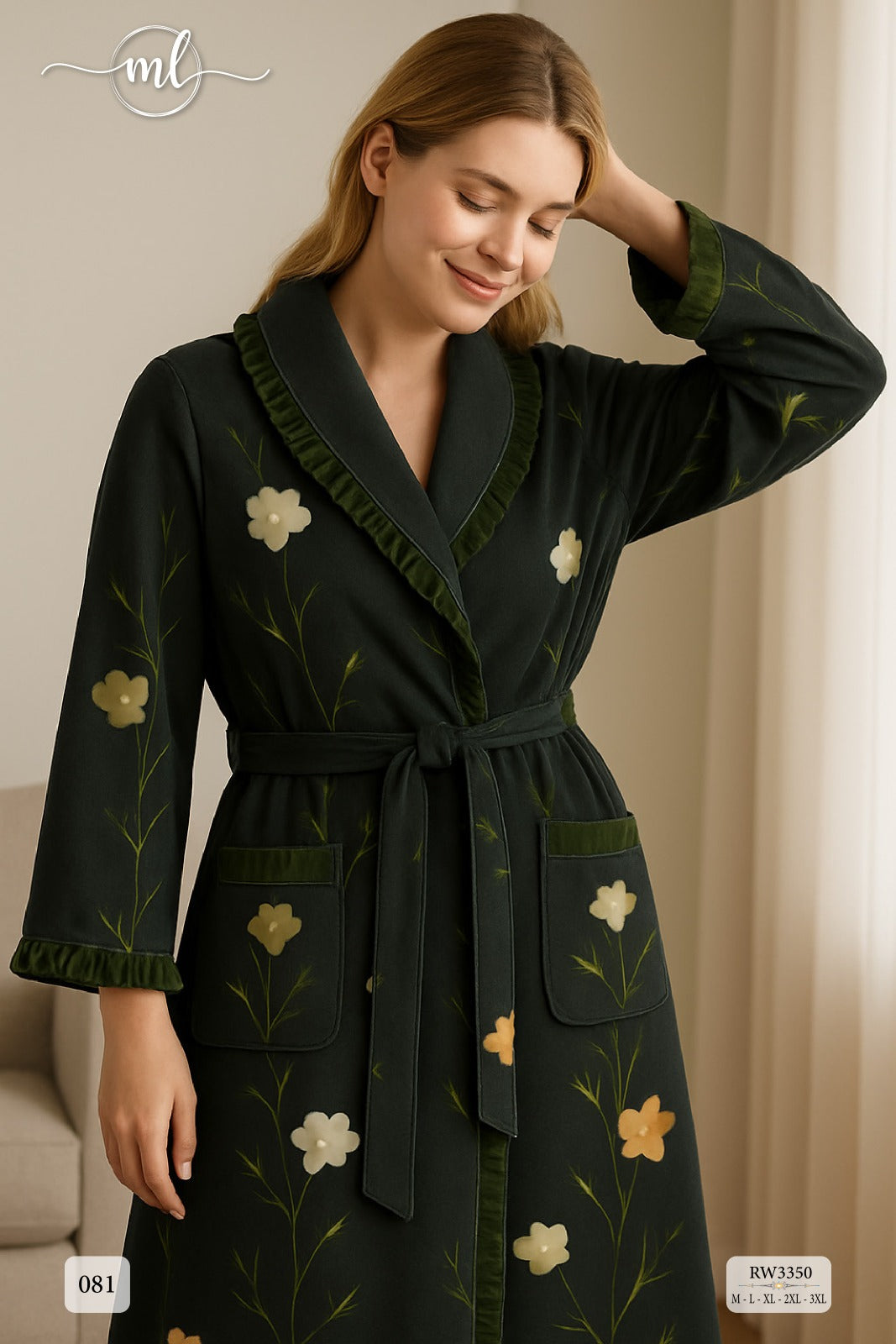 long robe featuring a shawl collar and delicate black floral accents.