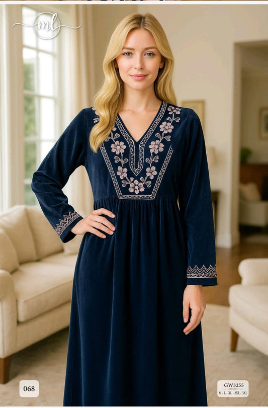 👉 “Navy embroidered jalabiya.”