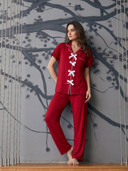 Dark red pajama with classic bows