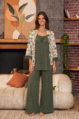 Olive summer 3-piece pajama set with a light jacket