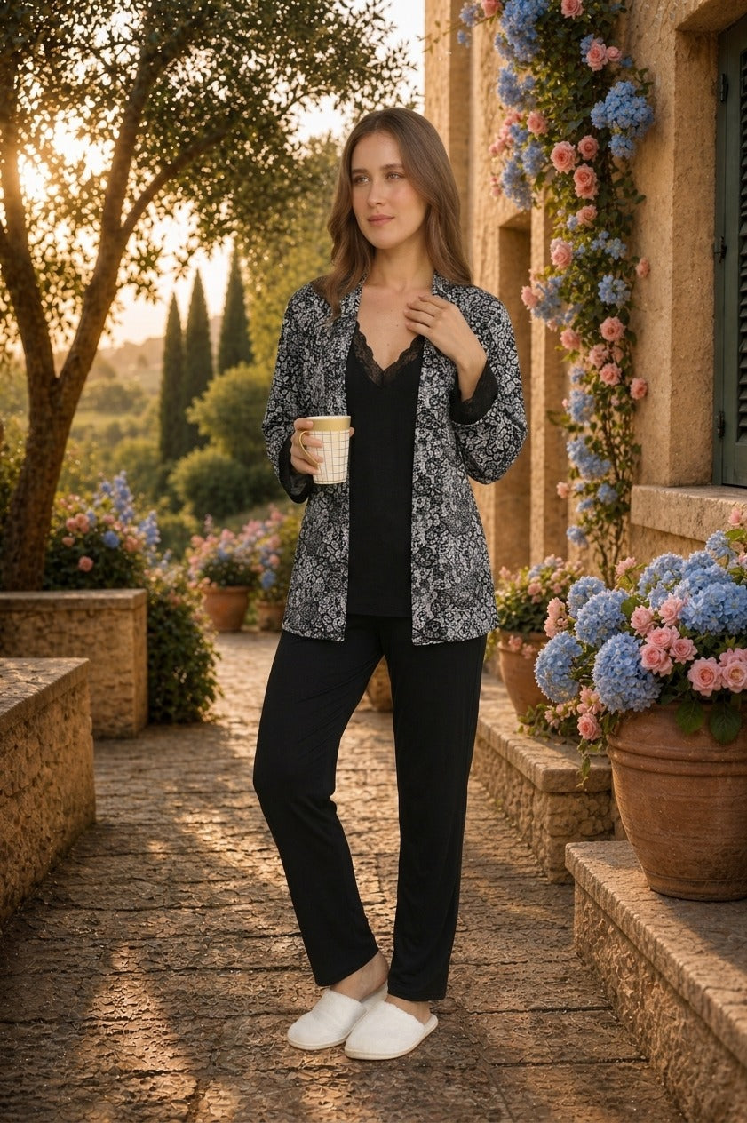 Black printed 3-piece pajama set with jacket