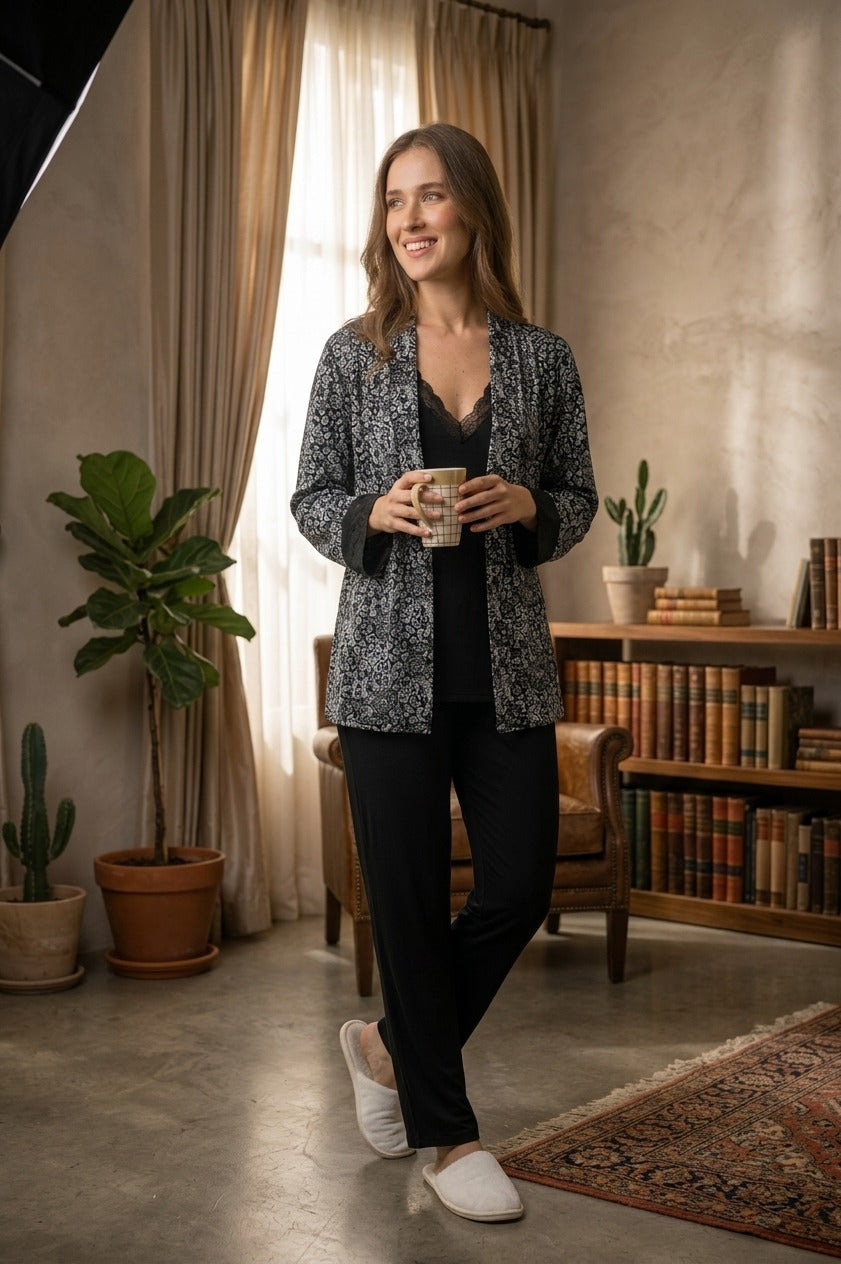 Black printed 3-piece pajama set with jacket