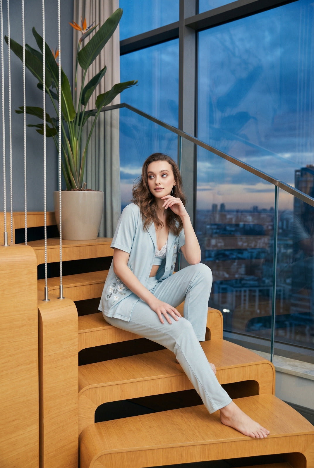 Cyan classic pajama with half long sleeves