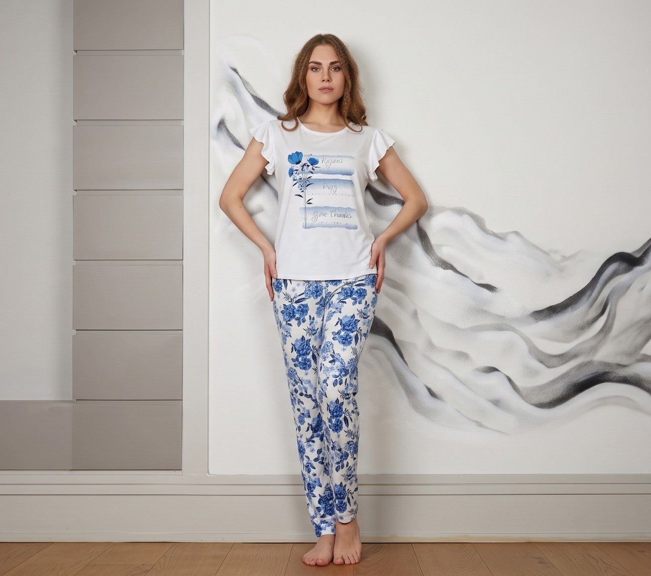 Off-white long sleeve pajama with printed details