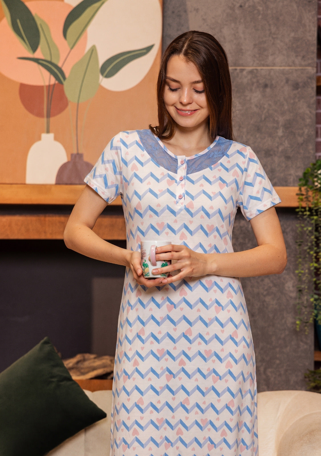 Cyan long sleeve galabia with zigzag pattern