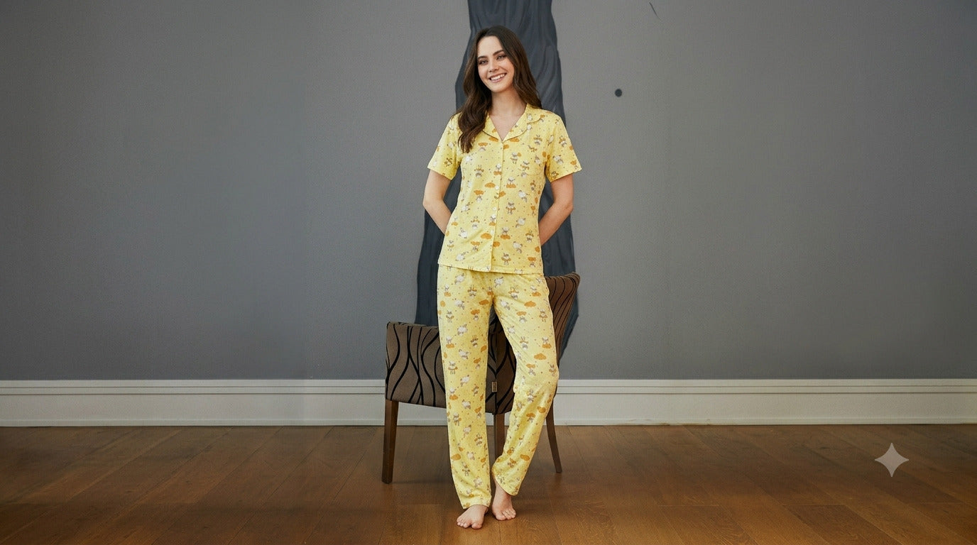 Yellow classic short sleeve pajama with sheep print