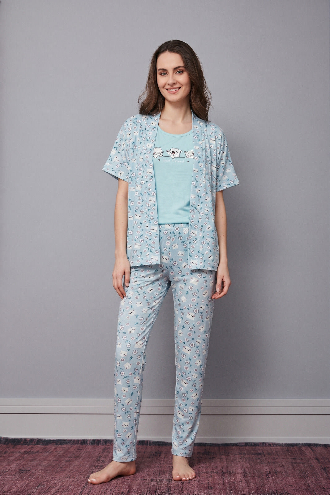 Cyan 3-piece pajama set with cat print