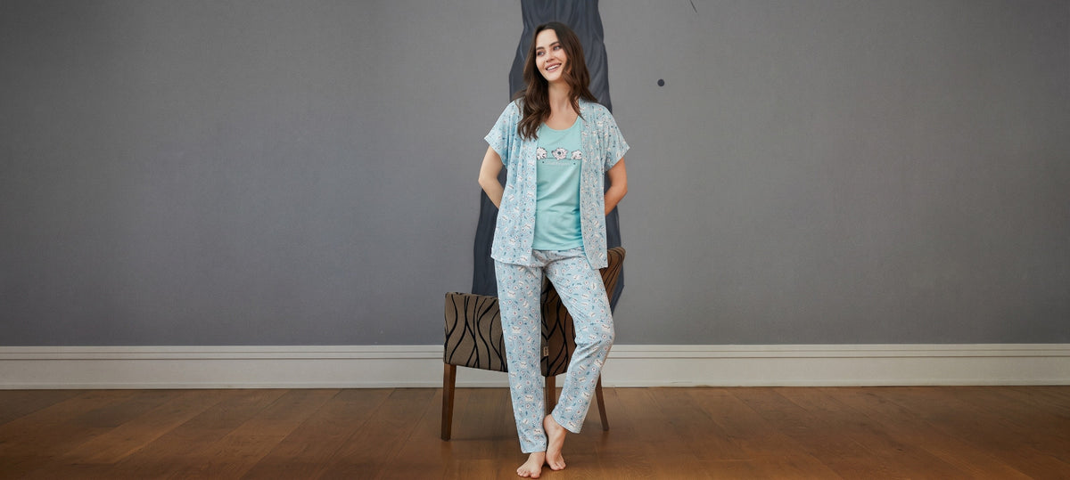 Cyan 3-piece pajama set with cat print