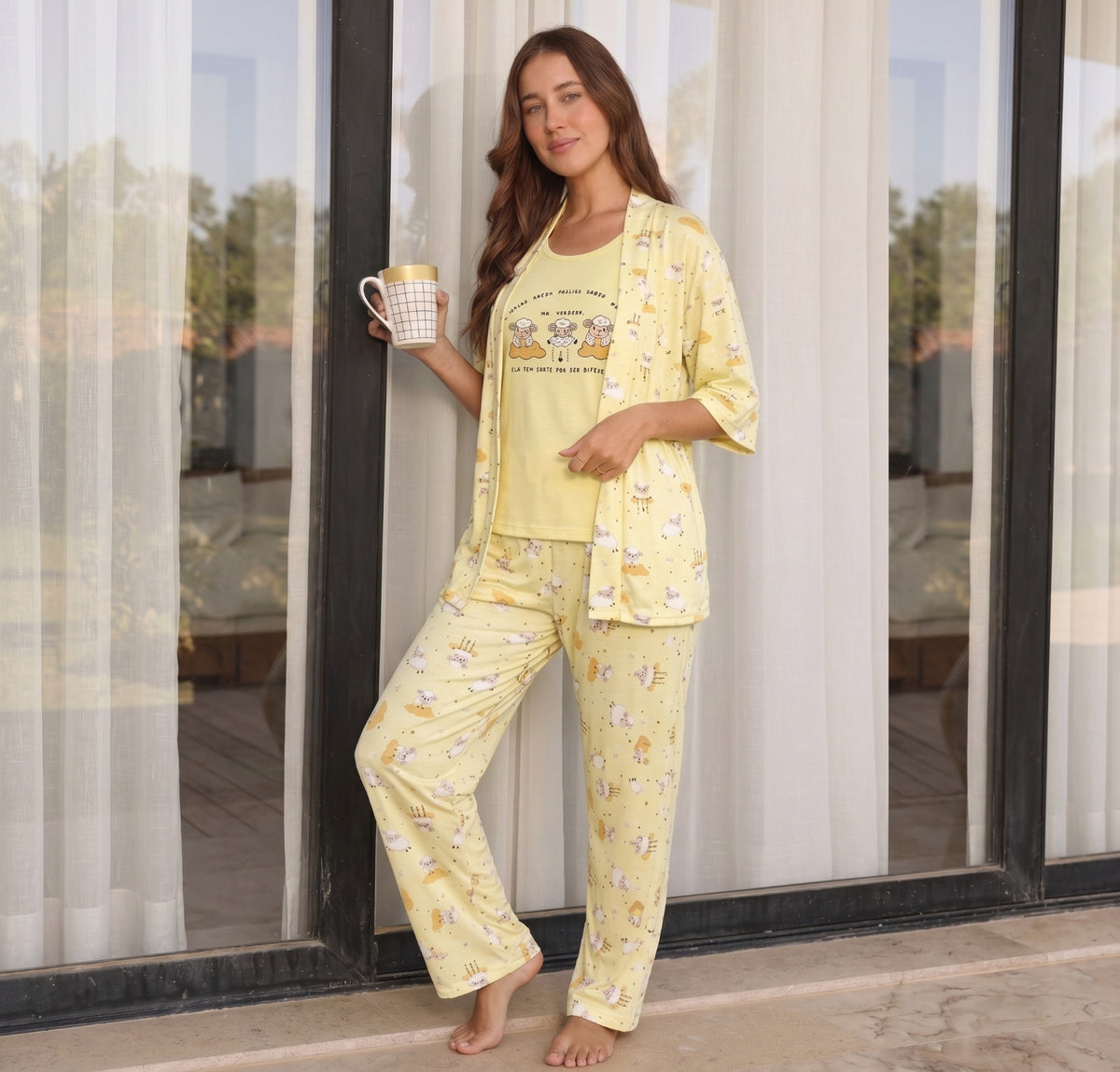 Yellow 3-piece pajama set with sheep print