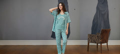 Teal 3-piece pajama set with floral details
