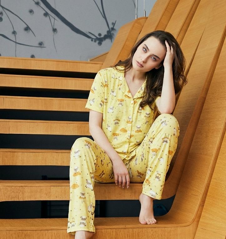 Yellow classic short sleeve pajama with sheep print