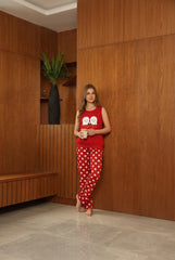 Red pleated pajama with cat print