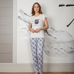 Off-white long sleeve pajama owl print